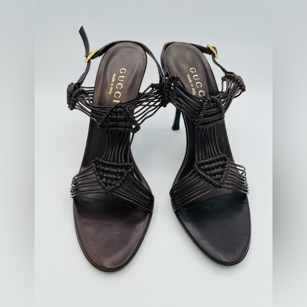 Authentic Vintage Brown Leather GUCCI High Heels Sandals Strapy 7.5 B - Picture 2 of 10